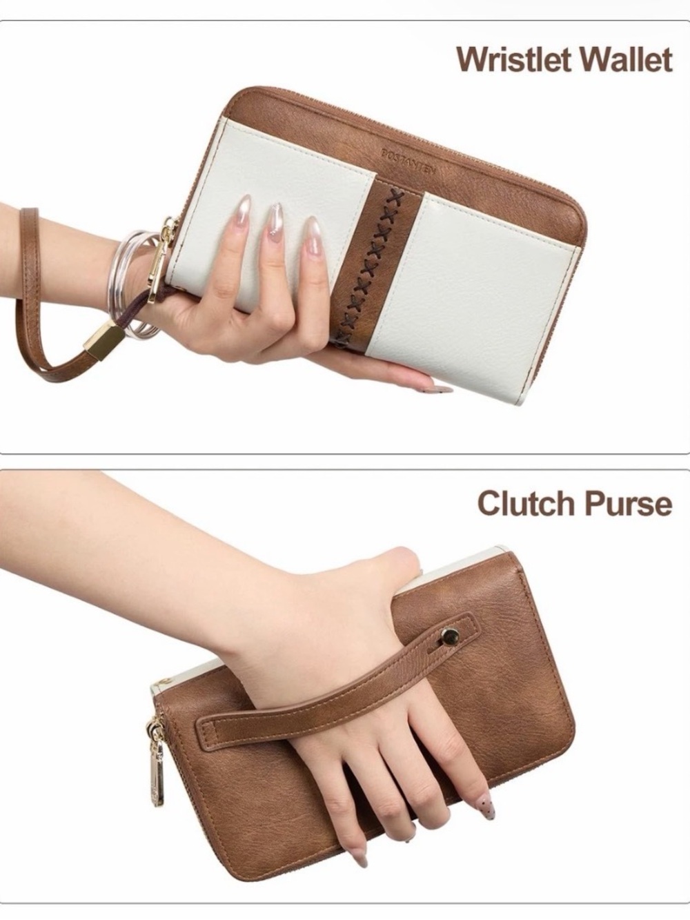 Bostanen RFID White and Brown double zip Full Capacity Wristlet Wallet - Picture 5 of 16